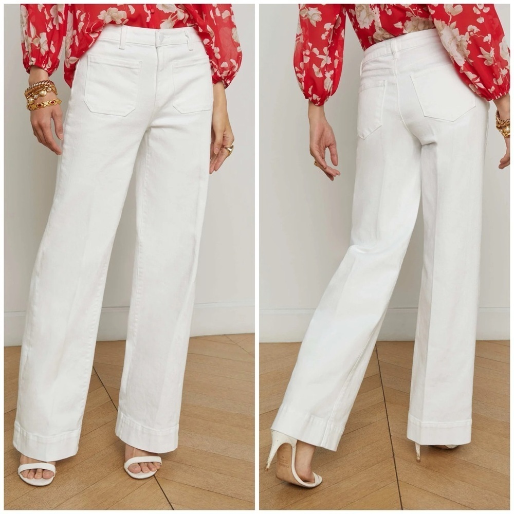 New L’Agence Nolan High Rise Wide Leg Jeans Patch Pockets Blanc White Sz 26